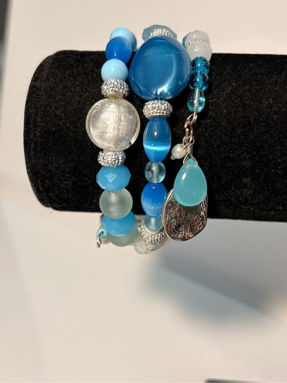 HANDCRAFTED WRAP BEAD BRACELET Memory Wire Blue Boho Artisan Designed